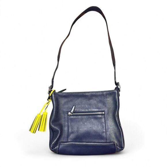 2013 Coach Legacy Navy Blue and Citrine with perforated leather Hobo Tote Bag - Picture 3 of 12